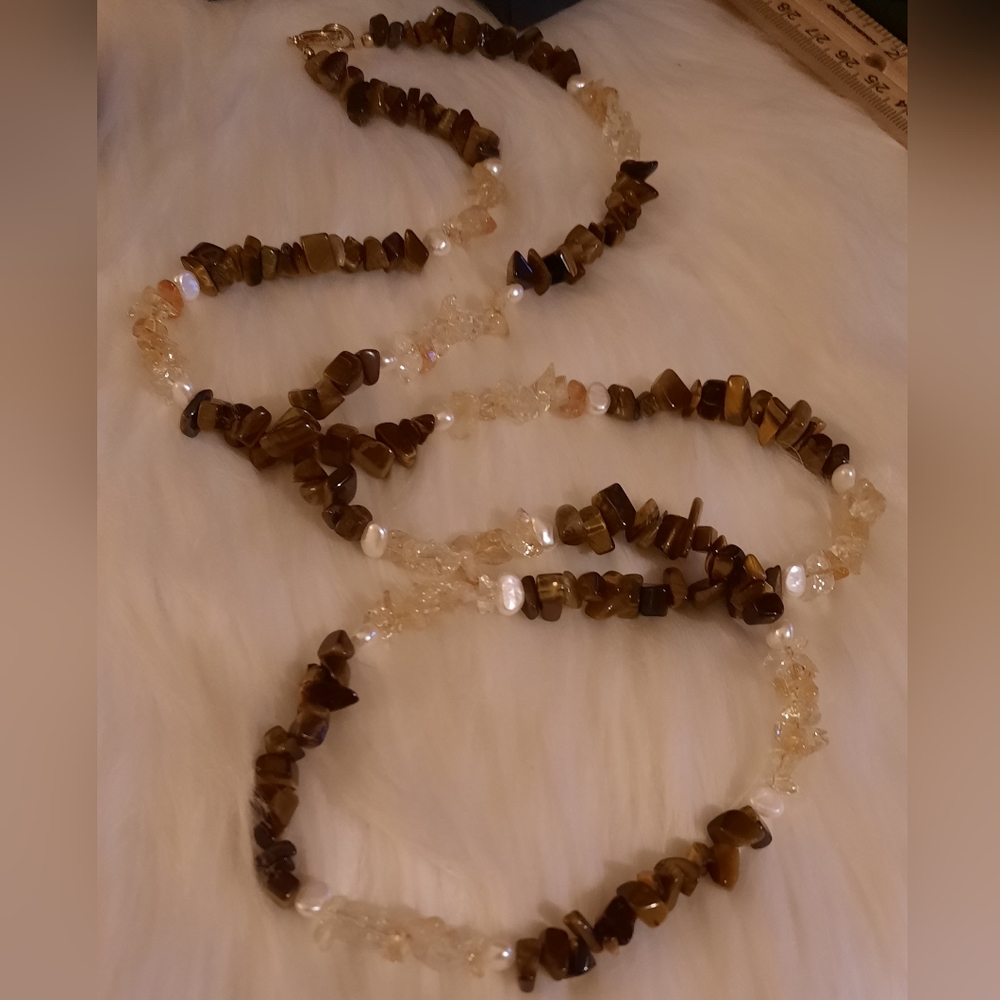 pearl, citrine Tigers eye gemstone nugget Chip necklace EUC goldtone clasp - Picture 12 of 14